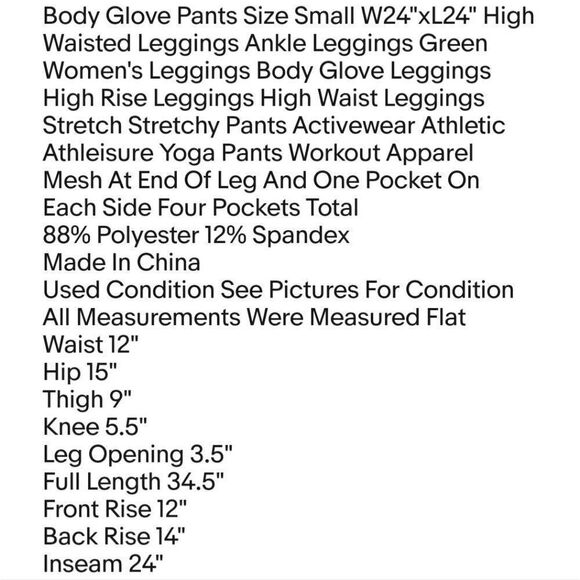 Body Glove Pants Size Small W24"xL24" High Waisted Leggings Ankle Leggings Green - Picture 2 of 6